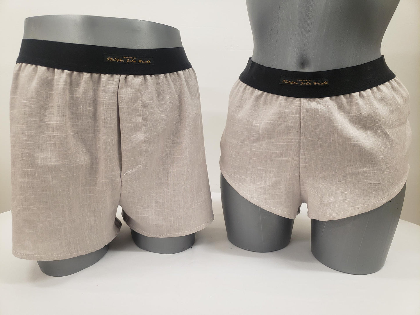 His and her BEIGE LINEN mens boxer shorts and womens linen boy shorts with black elastic.