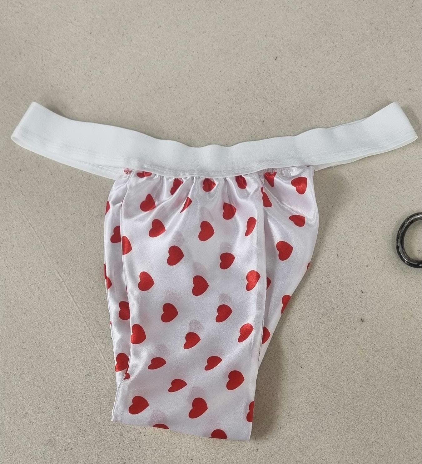 Men red love HEART shiny satin briefs tanga like underwear fully lined with silky finish.