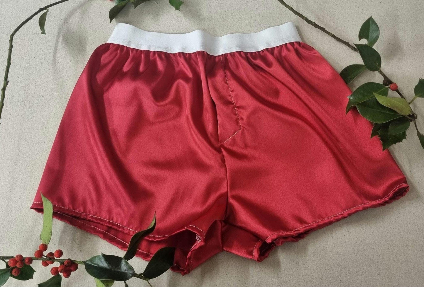 His and her christmas satin RED boxer shorts and boy shorts with white elastic bundle hand made in France.