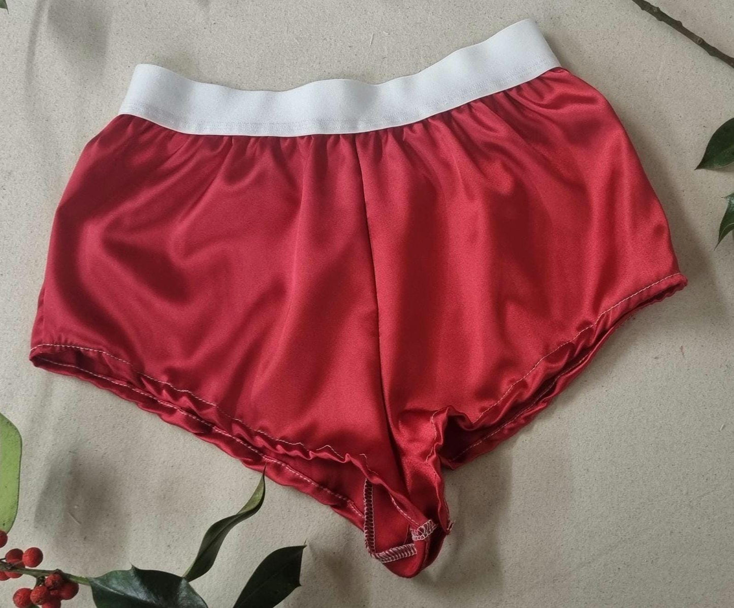 His and her christmas satin RED boxer shorts and boy shorts with white elastic bundle hand made in France.