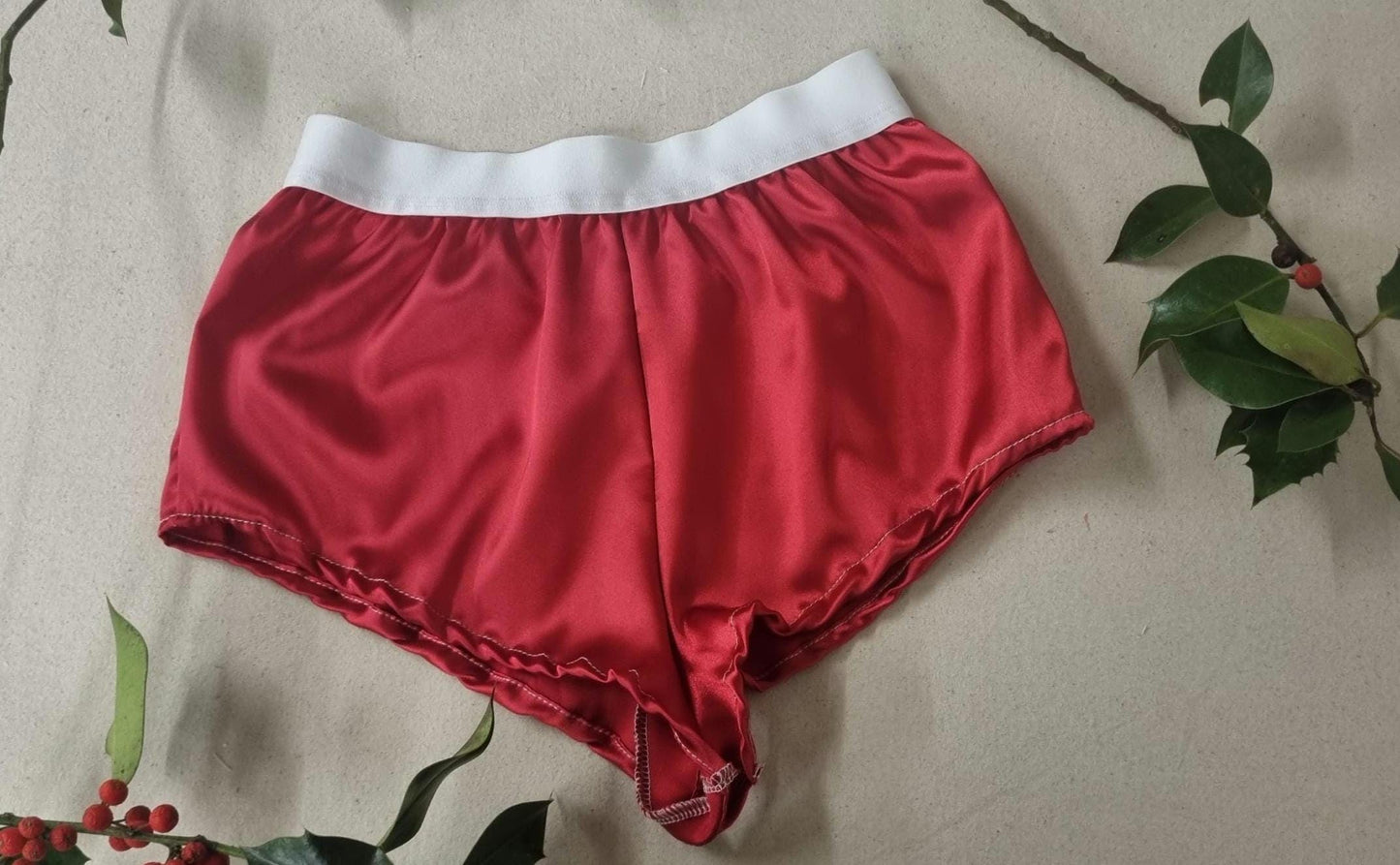 His and her christmas satin RED boxer shorts and boy shorts with white elastic bundle hand made in France.