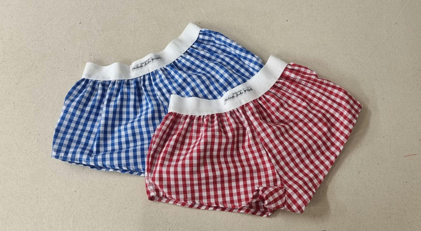 Gingham fabric natural cotton woman boy shorts made in France with white elastic. Tablecloth pattern pajamas