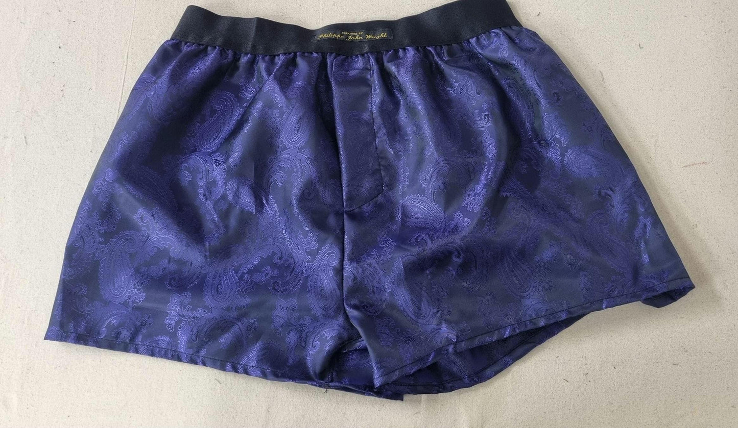 FIVE silk boxer shorts bundle paisley pattern made in orange, purple, light blue, green, pink.