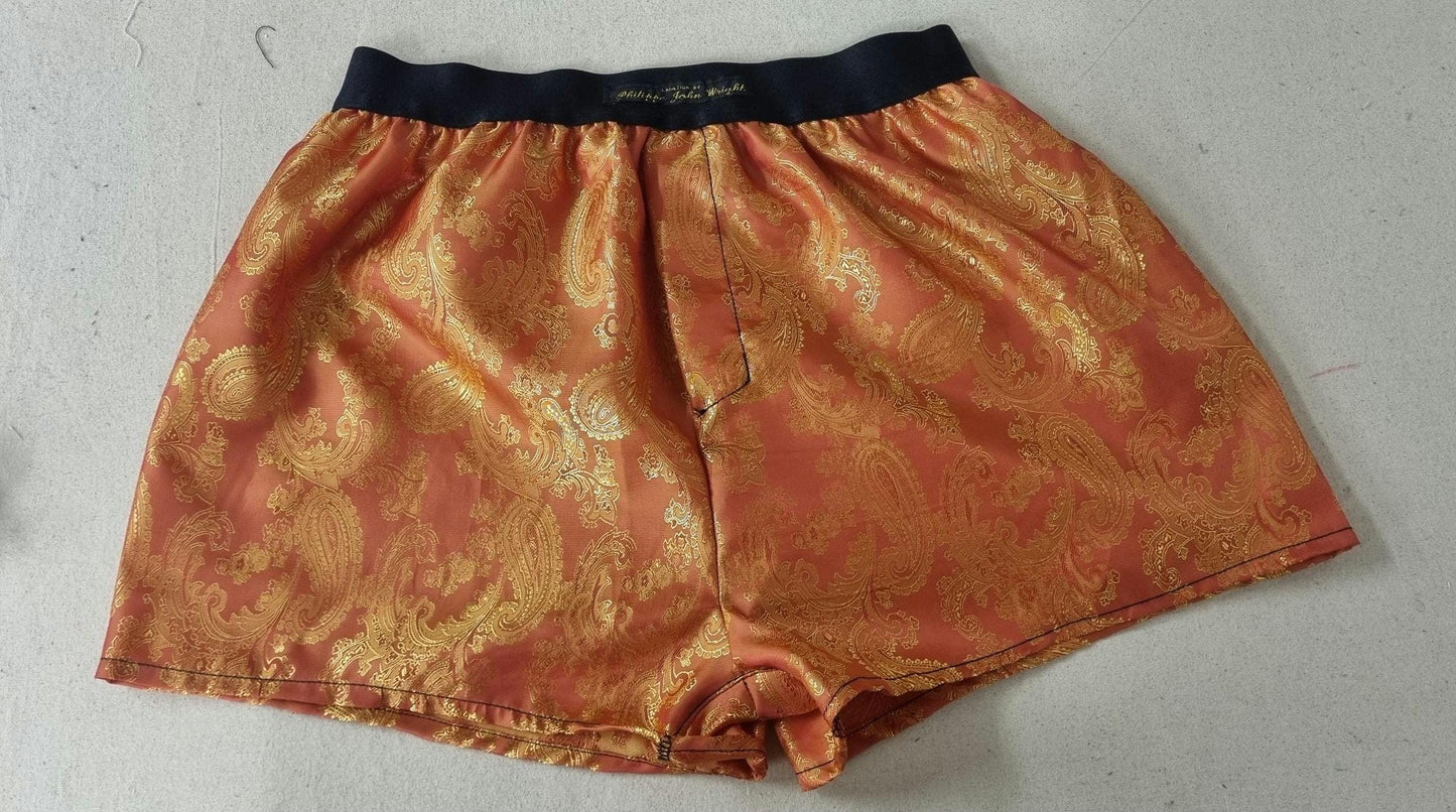 FIVE silk boxer shorts bundle paisley pattern made in orange, purple, light blue, green, pink.