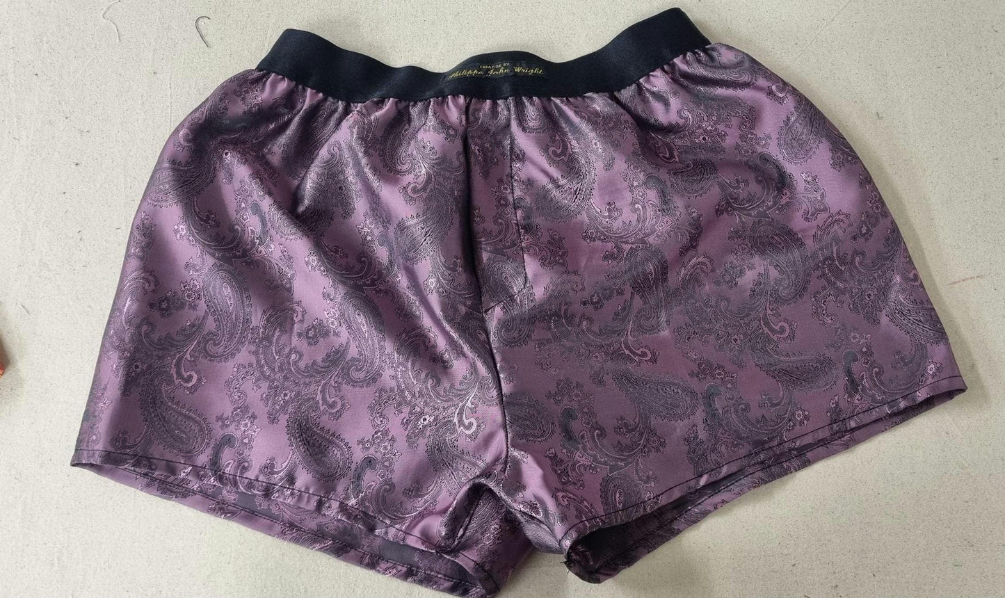FIVE silk boxer shorts bundle paisley pattern made in orange, purple, light blue, green, pink.