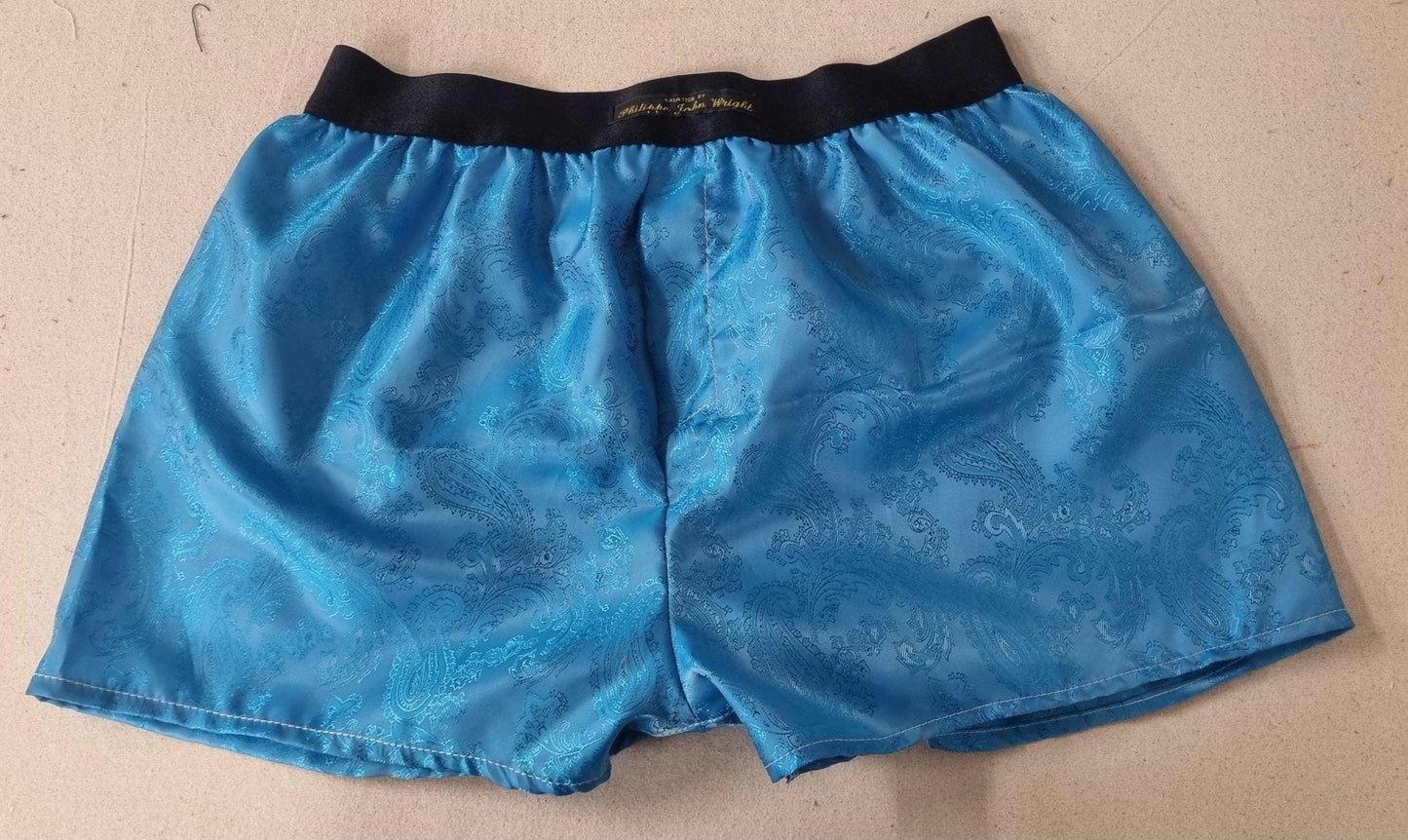 FIVE silk boxer shorts bundle paisley pattern made in orange, purple, light blue, green, pink.
