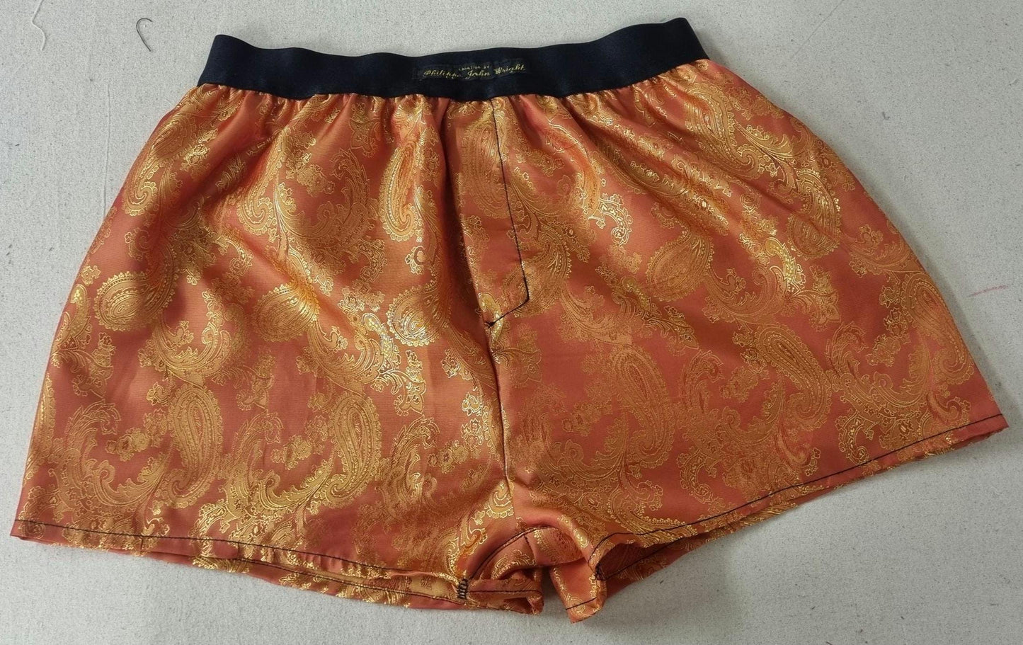 Silk boxer shorts in orange paisley pattern hand made in France. husband present gift for boyfriend aniversary groom wedding.