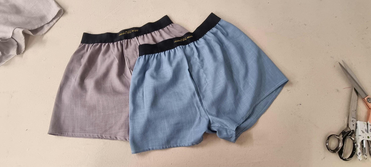 Gray and blue LINEN men boxer short bundle with white elastic.