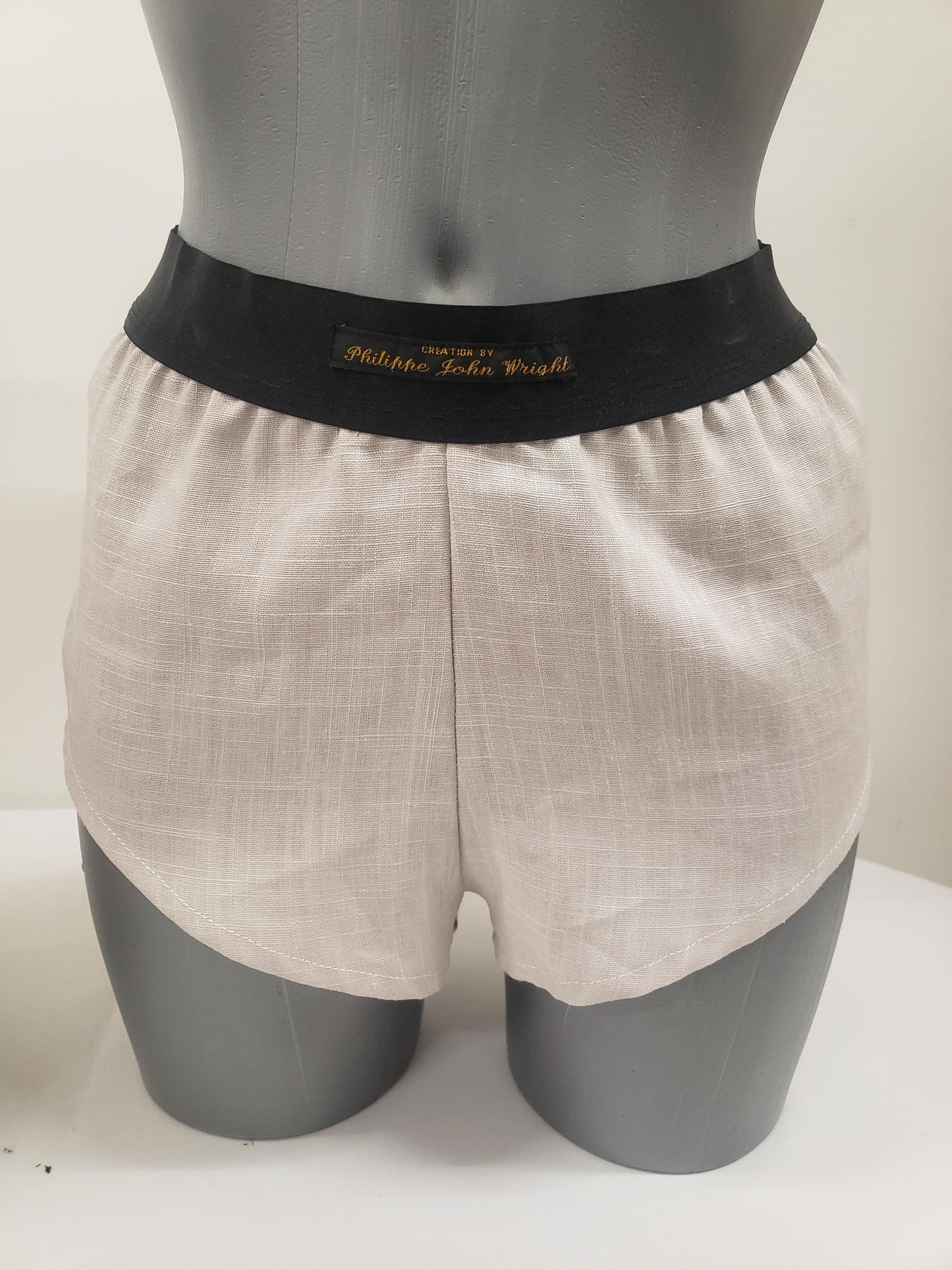 His and her BEIGE LINEN mens boxer short and womans linen boy shorts with black elastic.