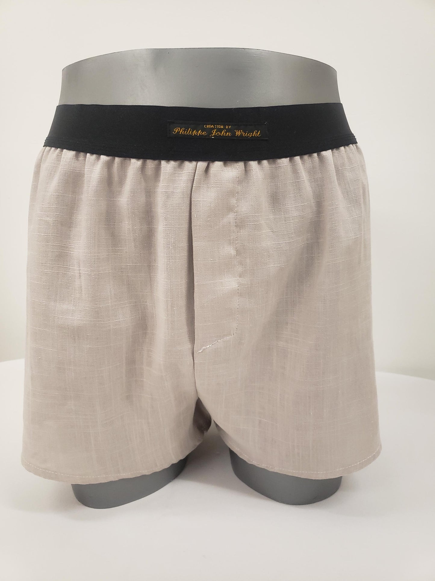 His and her BEIGE LINEN mens boxer short and womans linen boy shorts with black elastic.