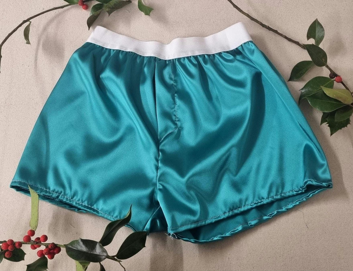 Mens christmas underwear red and green satin boxer shorts with white elastic bundle for men made in France