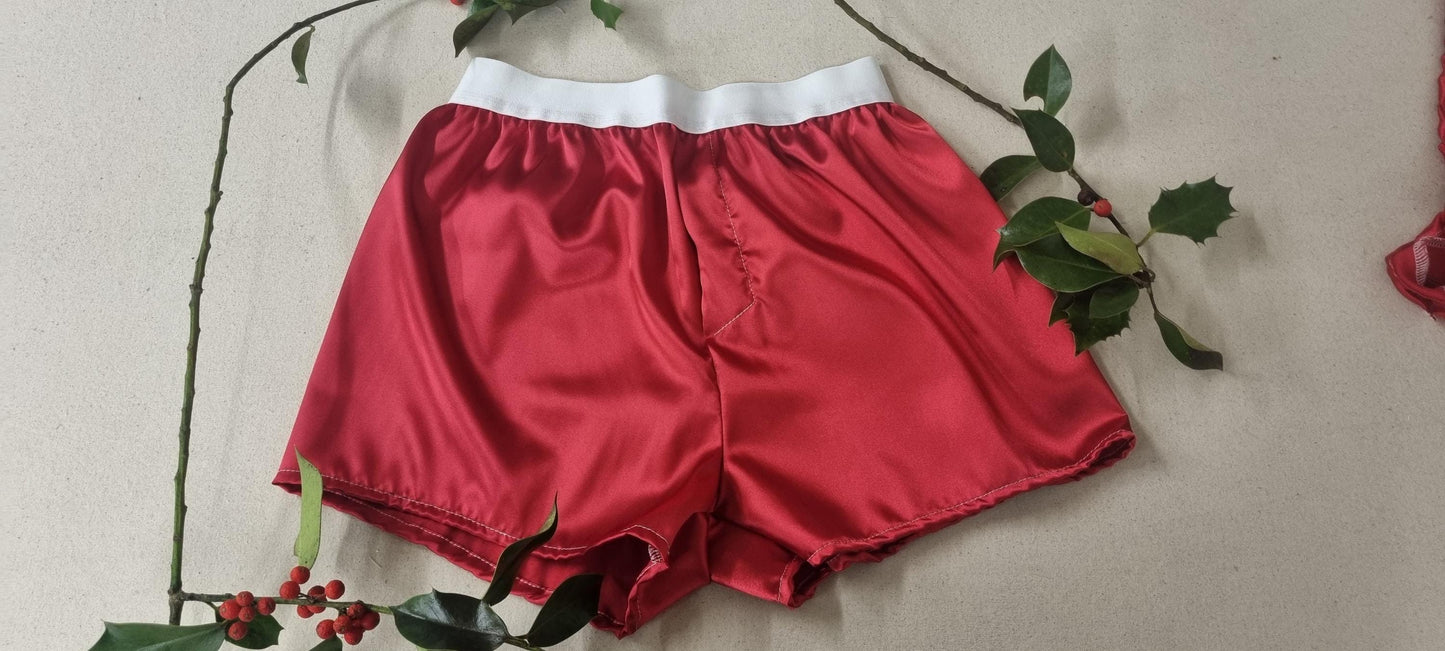 His and her christmas satin RED boxer shorts and boy shorts with white elastic bundle hand made in France.
