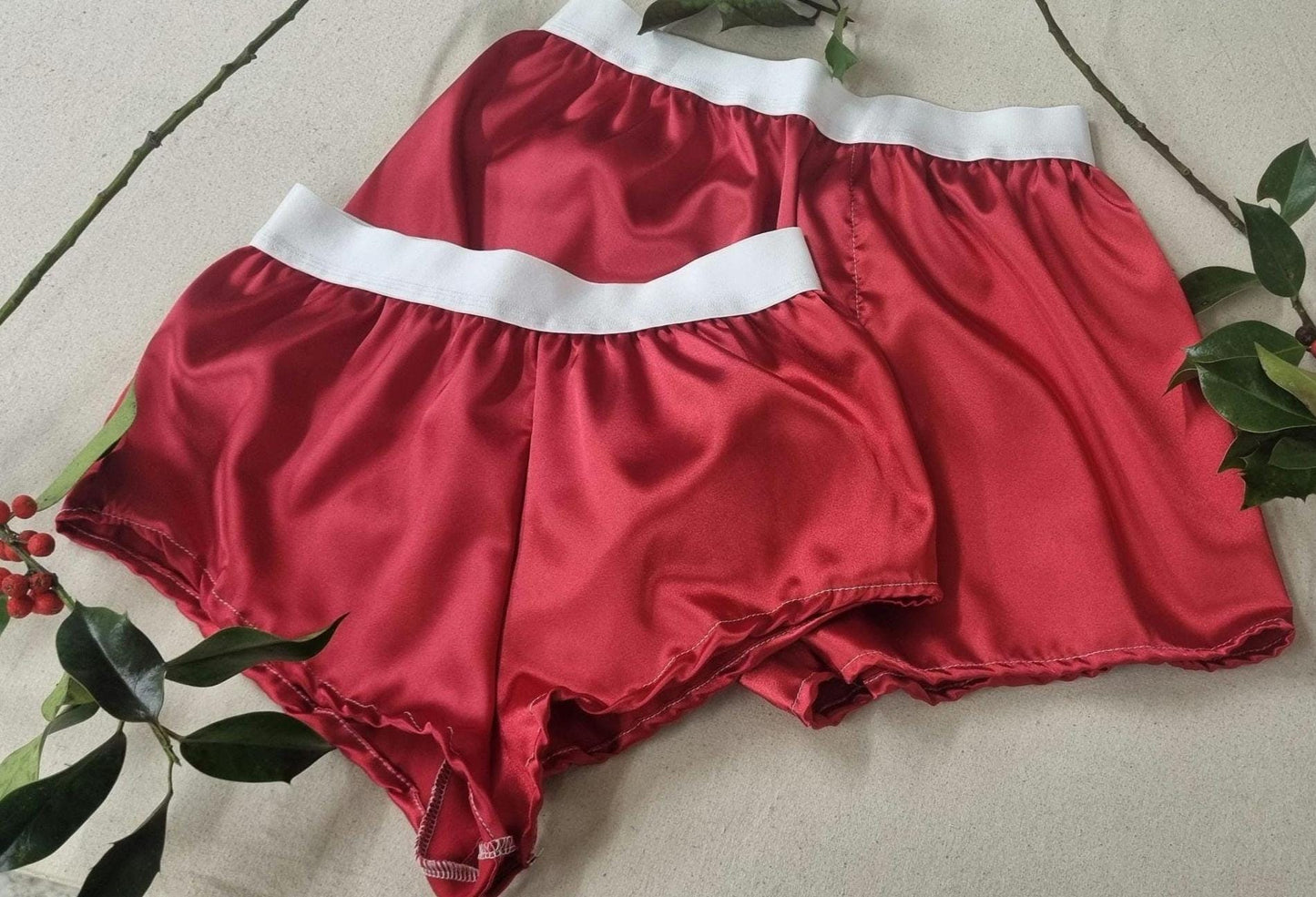 His and her christmas satin RED boxer shorts and boy shorts with white elastic bundle hand made in France.