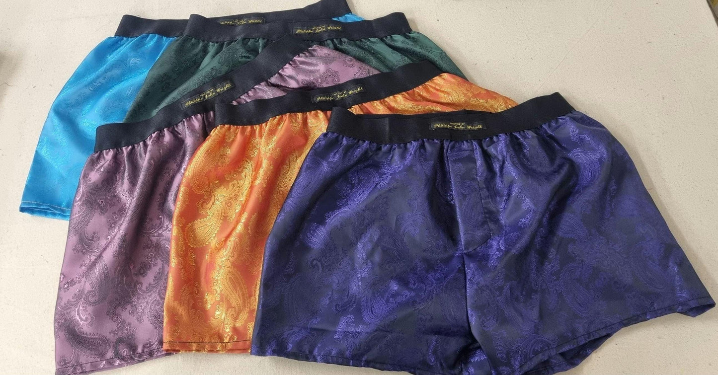 FIVE silk boxer shorts bundle paisley pattern made in orange, purple, light blue, green, pink.