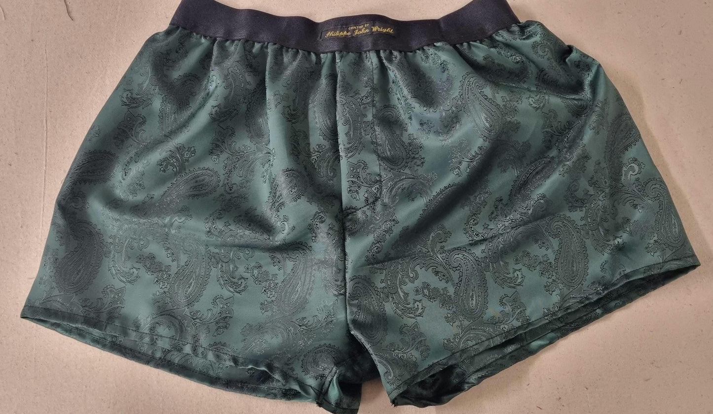 FIVE silk boxer shorts bundle paisley pattern made in orange, purple, light blue, green, pink.