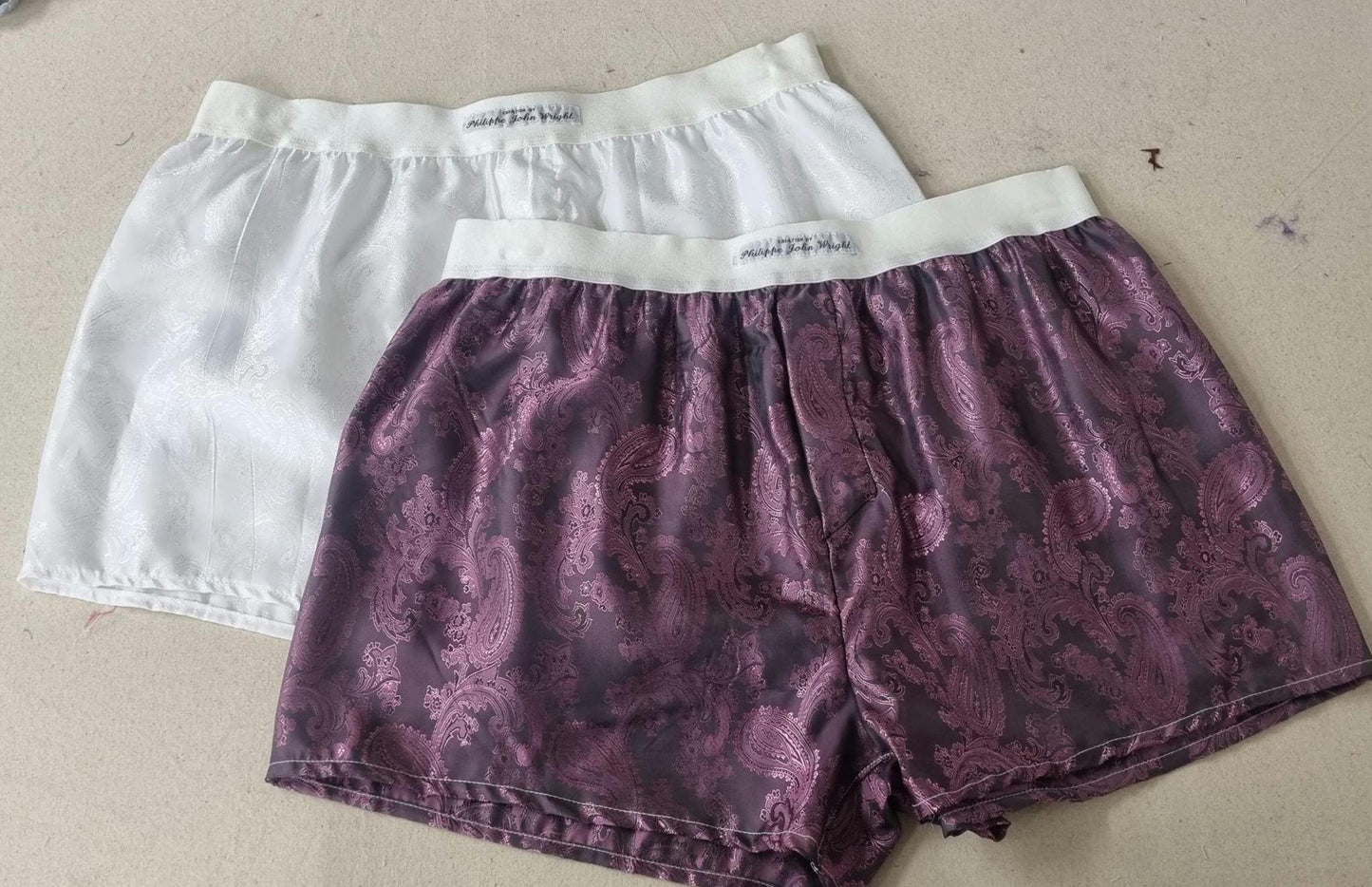 Men silk boxer shorts bundle paisley pattern made in white, silver, silver blue, navy, pink.