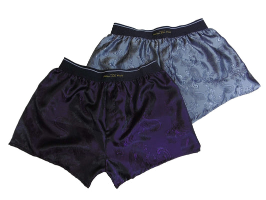 Two silk boxer shorts purple and silver bundle paisley motif made in France