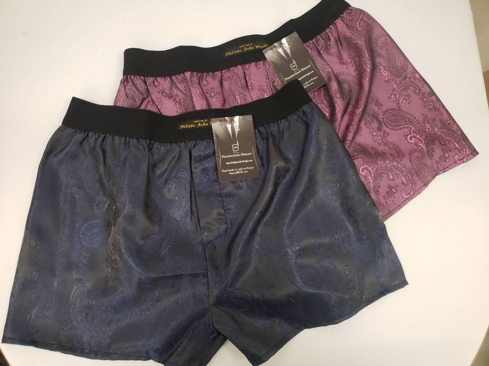Two silk boxer shorts navy and pink bundle paisley motif made in France