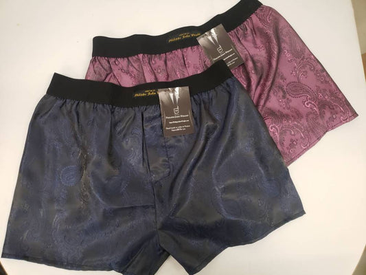 silk boxer shorts navy and pink paisley pattern made in France
