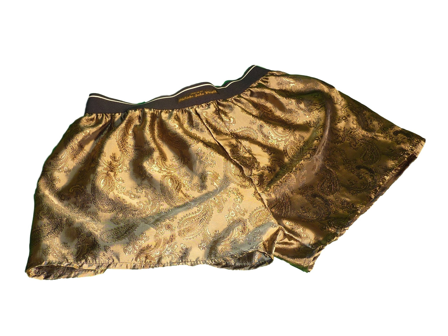 Handmade and made in France golden silk boxer shorts with cashmere pattern