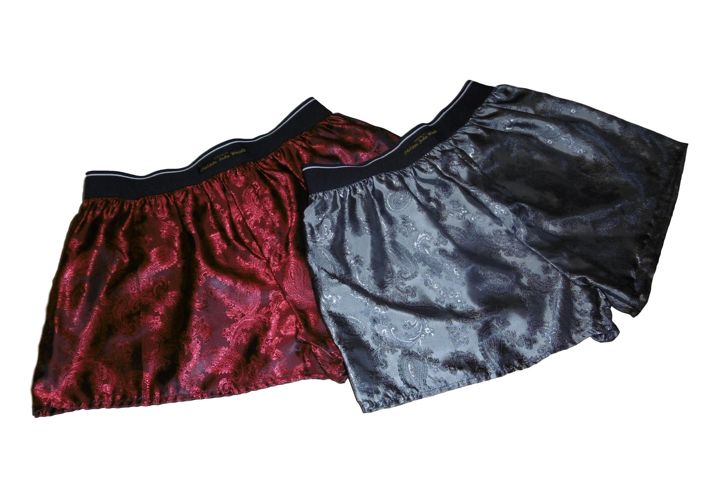 Two silk boxer shorts red and silver bundle paisley motif made in France