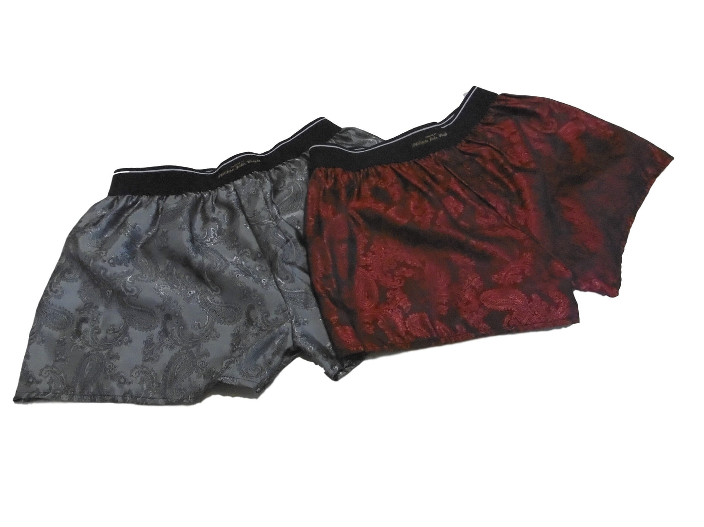 Two silk boxer shorts red and silver bundle paisley pattern made in France