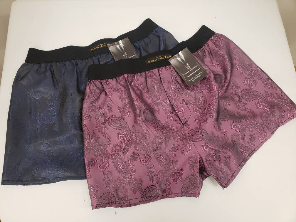 Two silk boxer shorts navy and pink bundle paisley motif made in France