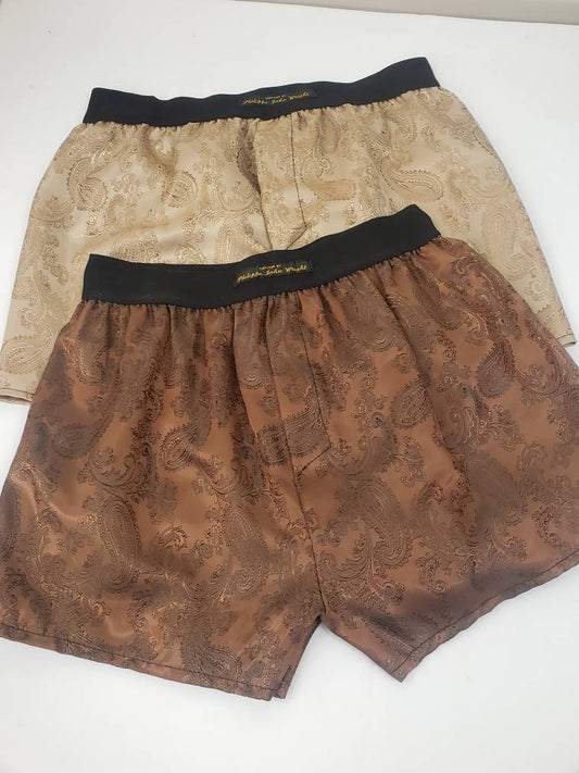 silk boxer shorts paisley pattern made in France BROWN AND BEIGE.