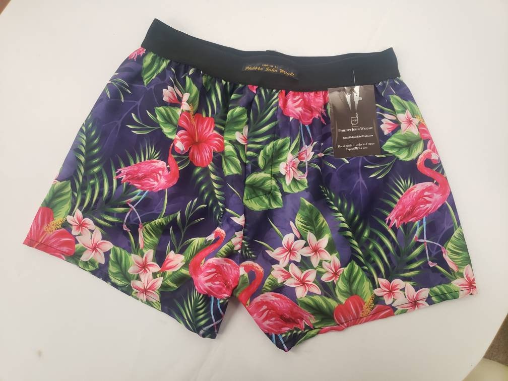 Flamingo silk boxer shorts hand made in France.