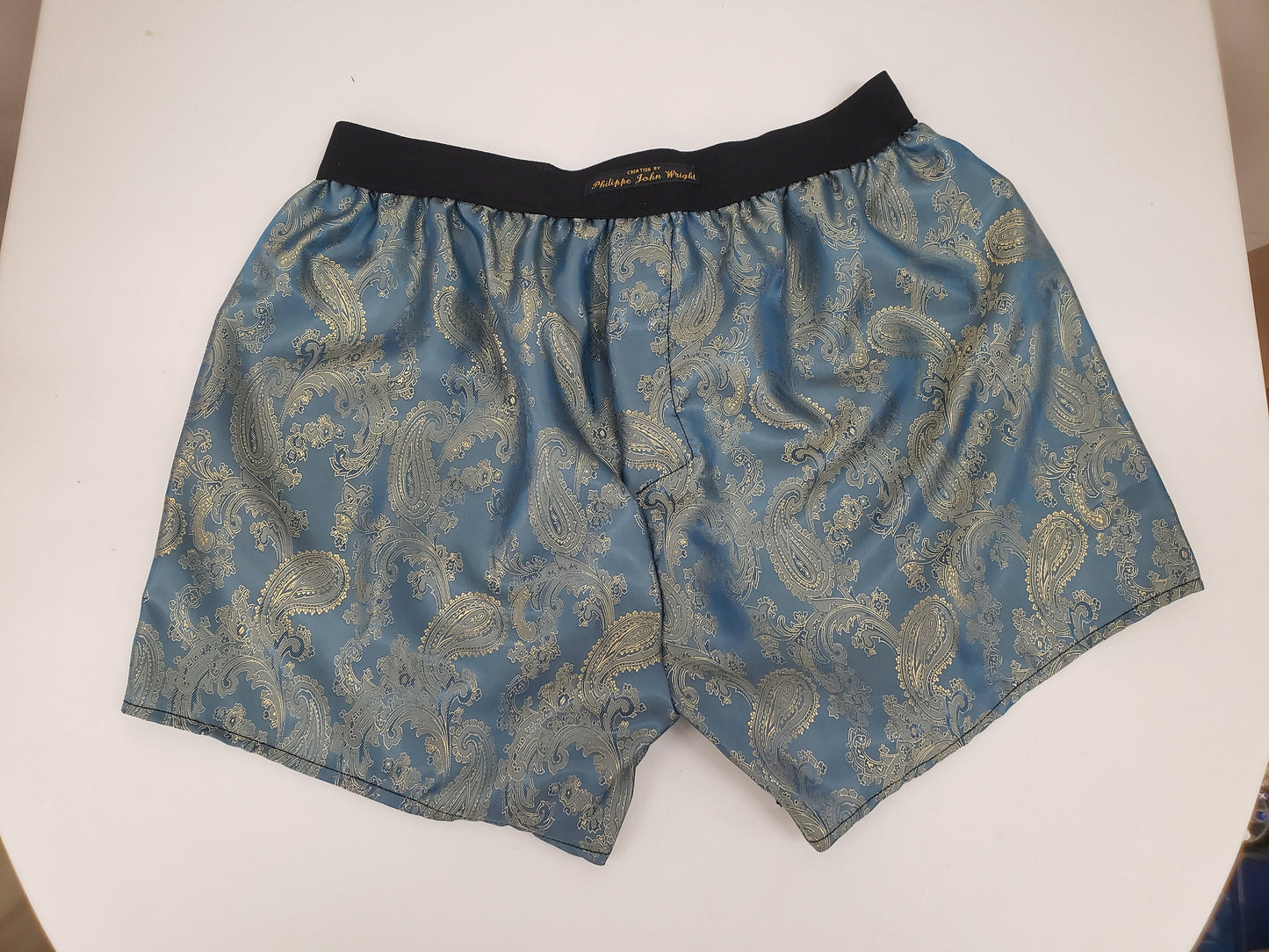 Blue and gold silk underpants handmade cashmere pattern and made in France