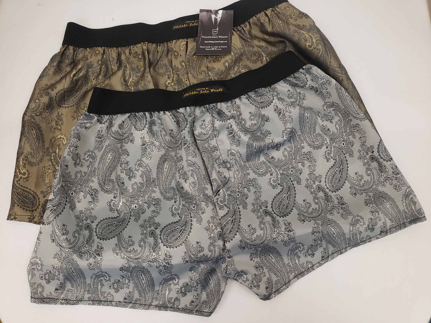 Two silk boxer shorts double bundle paisley motif made in France SILVER & GOLD.