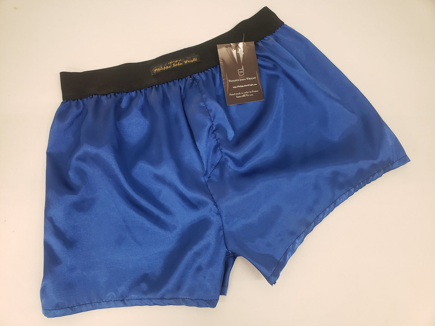Royal blue satin boxer shorts for men made in France