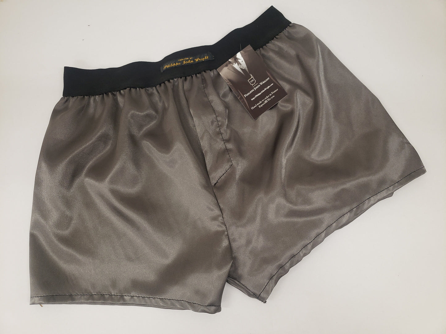 Silver satin boxer shorts for men made in France