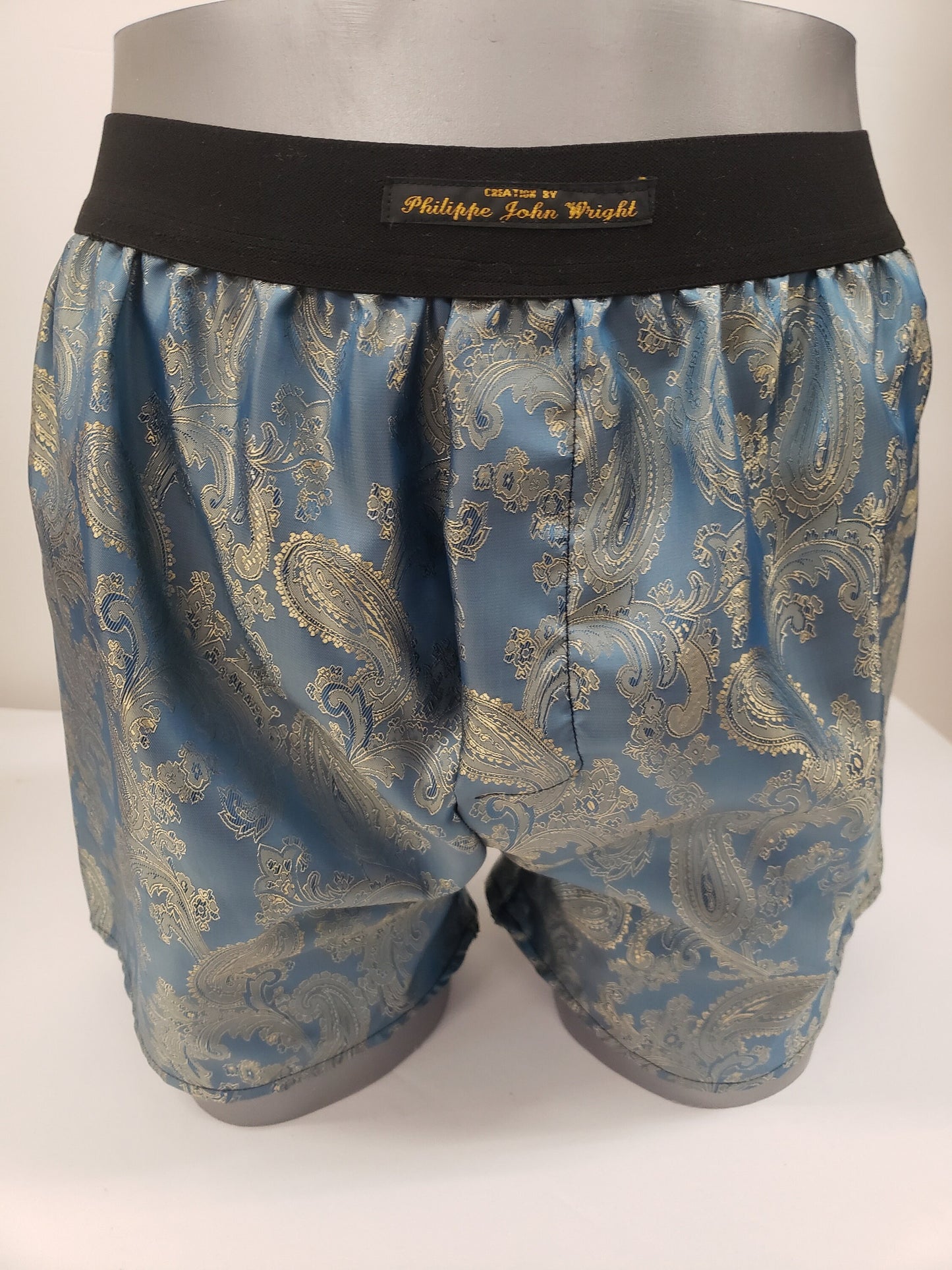 caleçon en soie bleu et or motif cachemire fait main et made in France