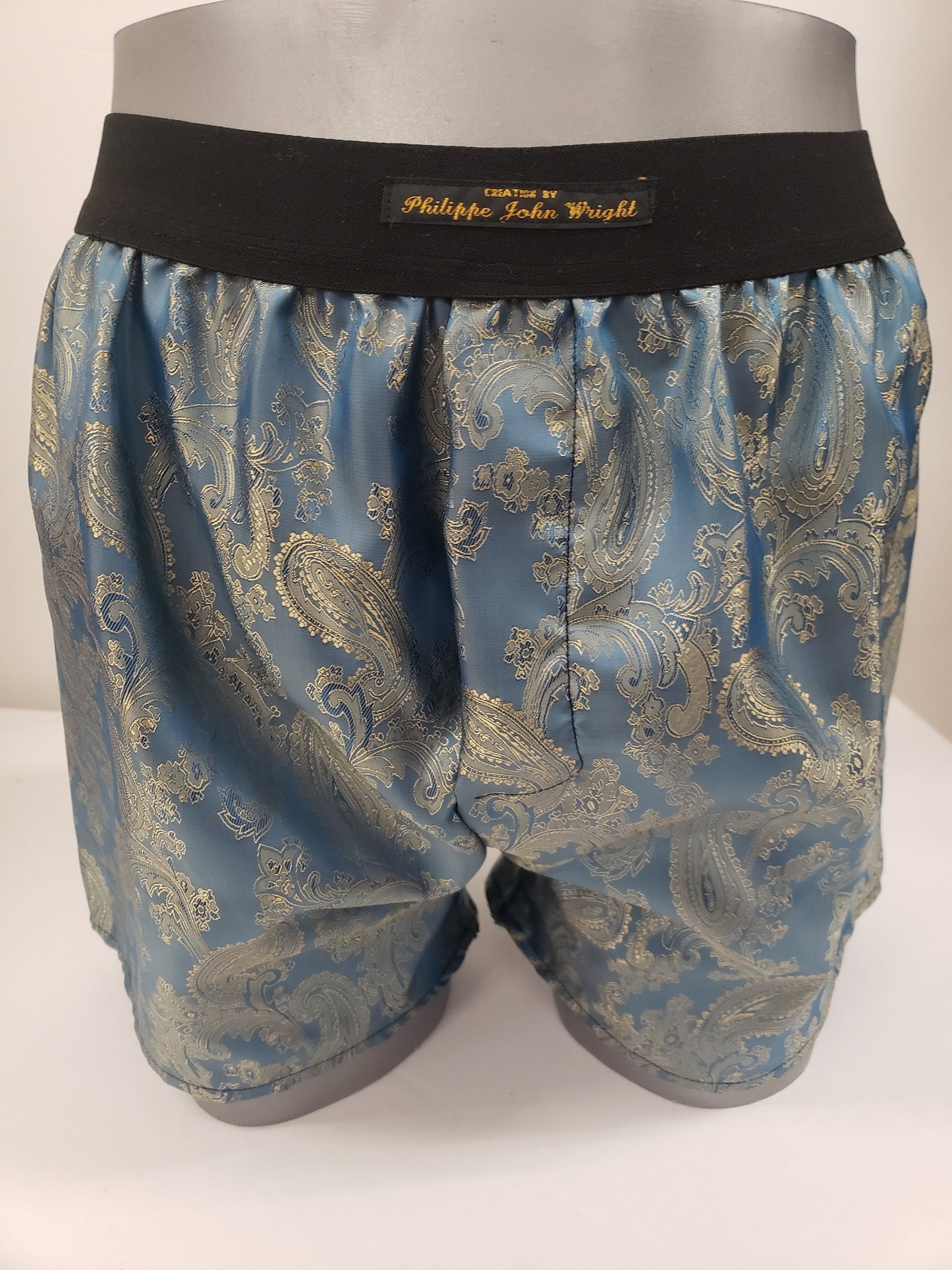 Blue and gold silk underpants handmade cashmere pattern and made in France