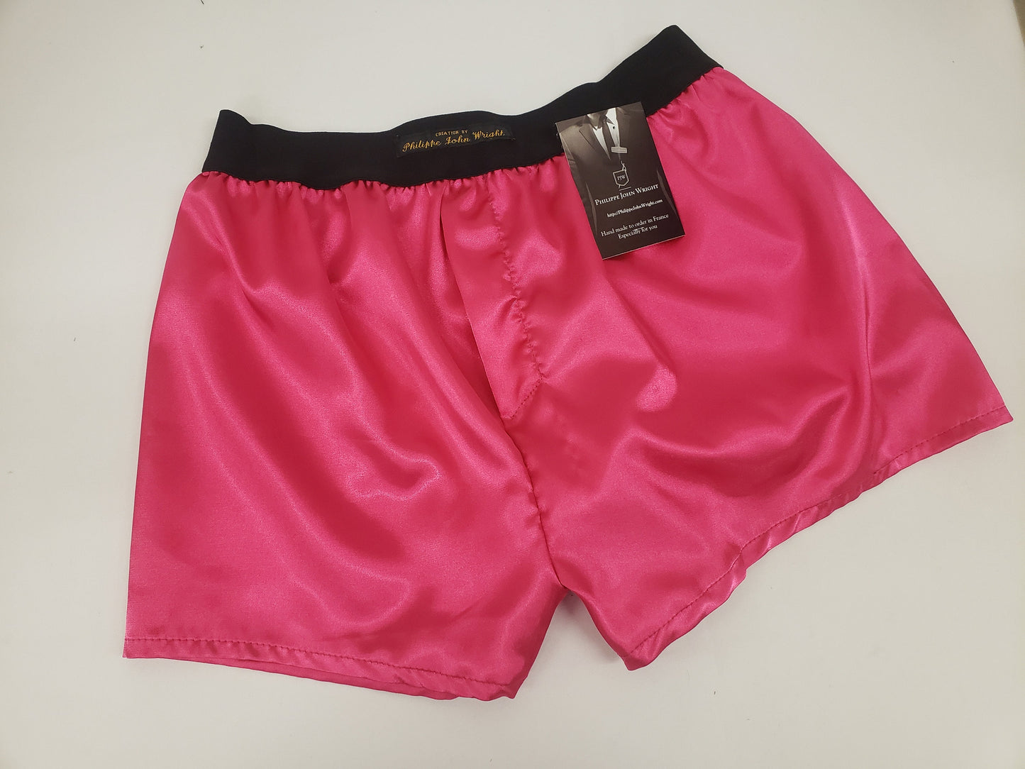 Hot pink satin boxer shorts for men made in France