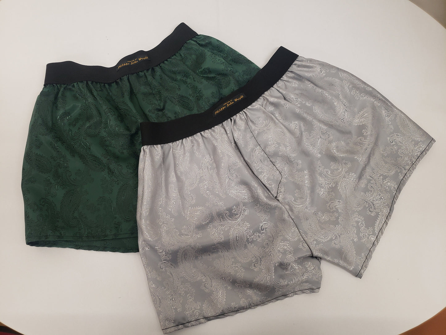 Two silk boxer shorts double bundle paisley pattern made in France FOREST GREEN and SILVER