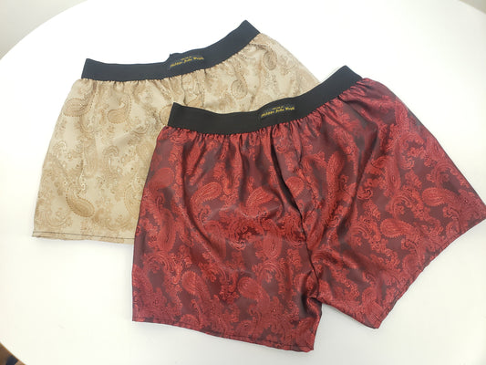 Two silk boxer shorts double bundle paisley pattern made in France BURGUNDY RED and BEIGE