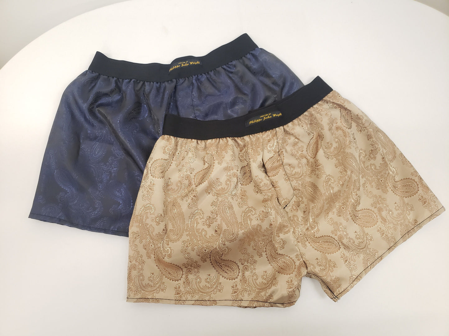 Two silk boxer shorts double bundle paisley motif made in France NAVY and BEIGE