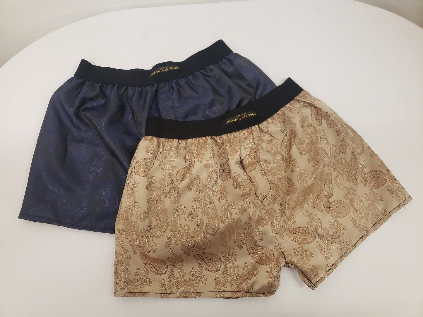Two silk boxer shorts double bundle paisley motif made in France NAVY and BEIGE