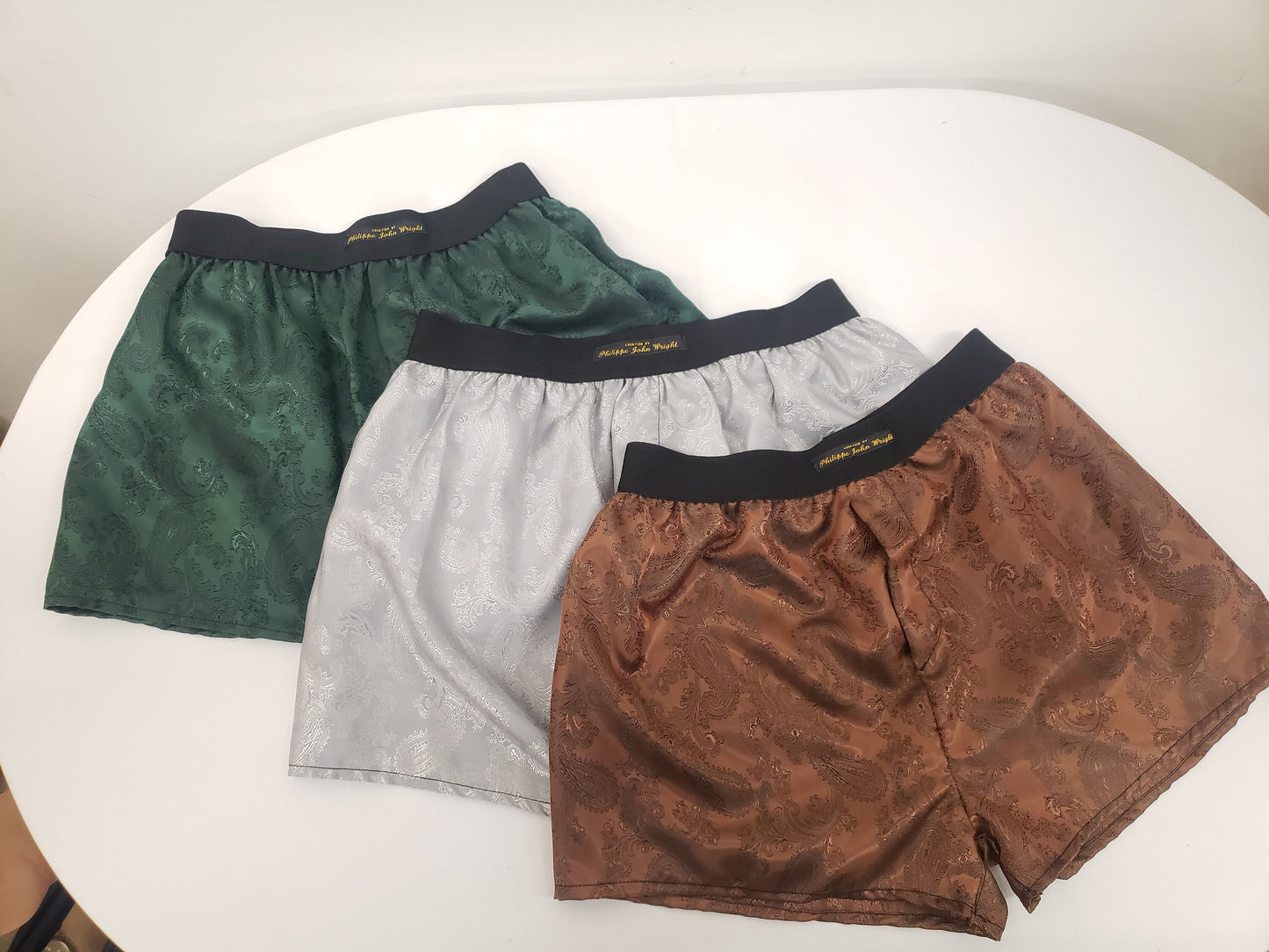 Three silk boxer shorts triple bundle paisley motif made in France GREEN , SILVER and BROWN