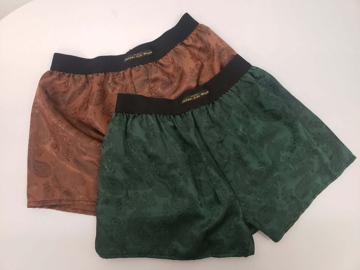 Three silk boxer shorts triple bundle paisley motif made in France GREEN , SILVER and BROWN