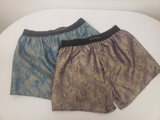 silk boxer shorts paisley pattern made in France golden PURPLE and golden BLUE