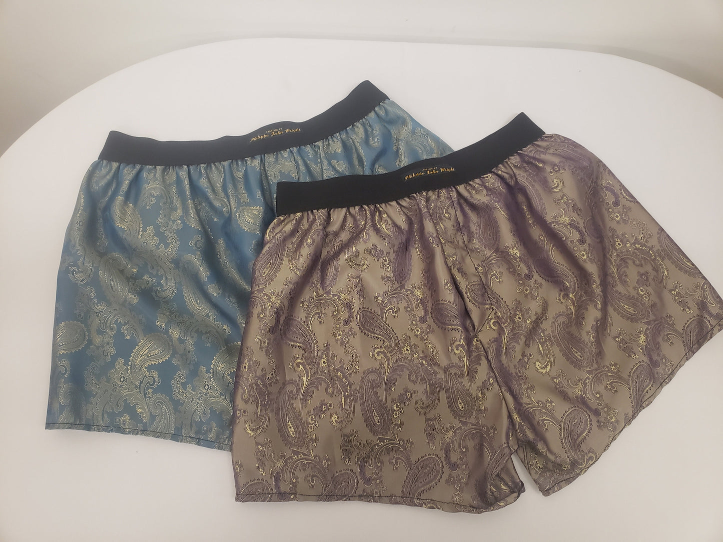 Two silk boxer shorts bundle paisley motif made in France golden PURPLE and golden BLUE
