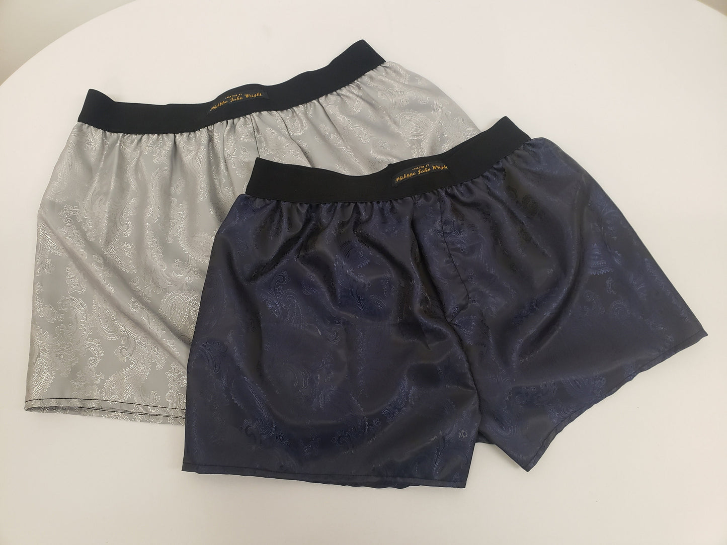 Two silk boxer shorts double bundle paisley pattern made in France NAVY and SILVER