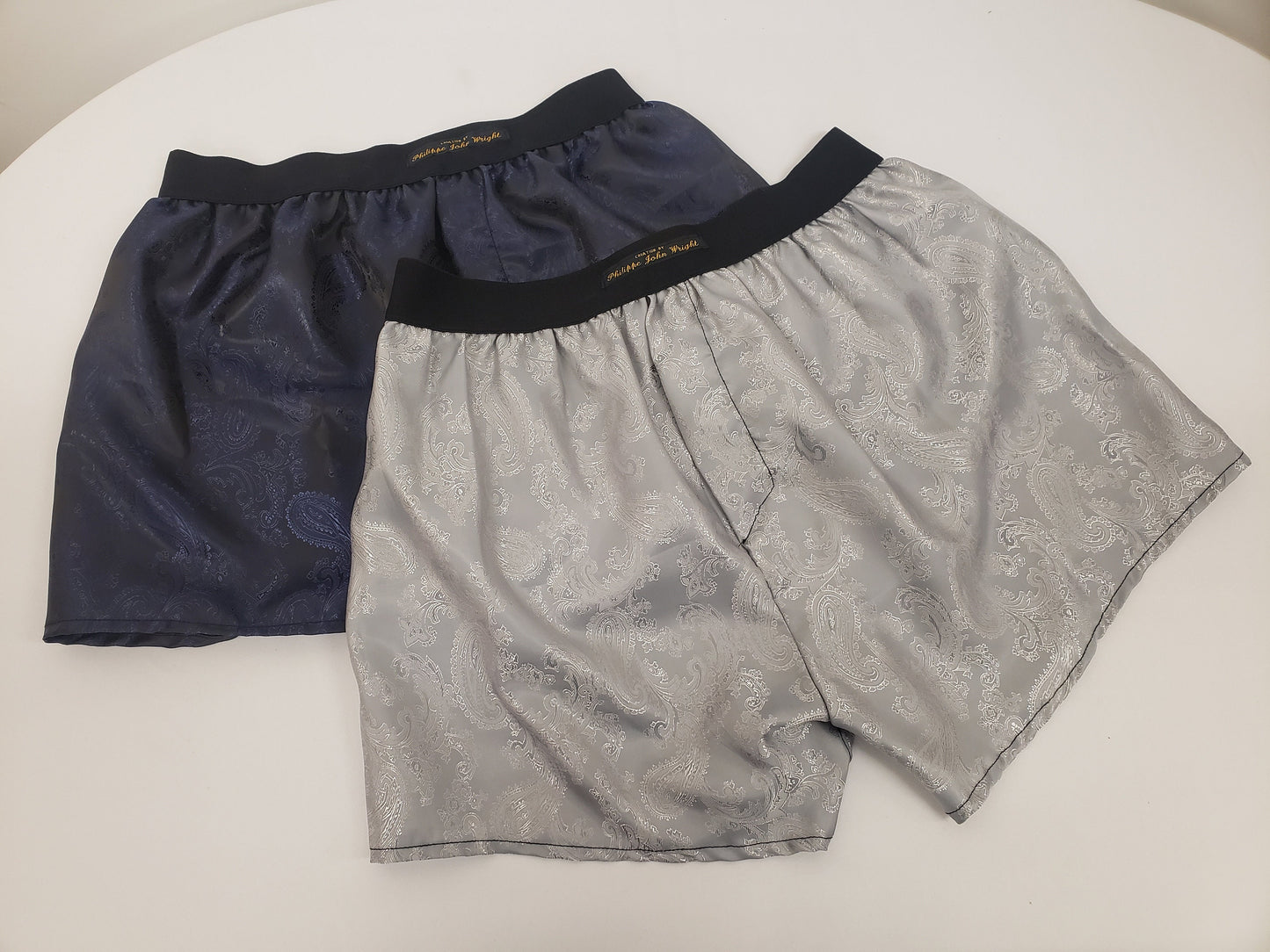 Two silk boxer shorts double bundle paisley motif made in France NAVY and SILVER