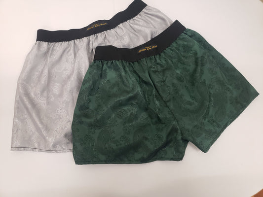 silk boxer shorts paisley pattern made in France FOREST GREEN and SILVER