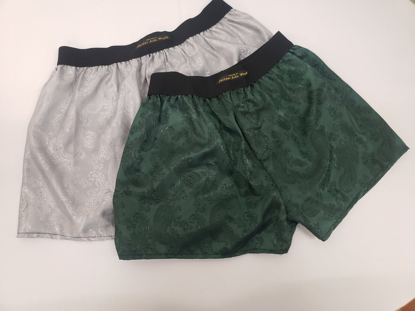 Two silk boxer shorts double bundle paisley pattern made in France FOREST GREEN and SILVER