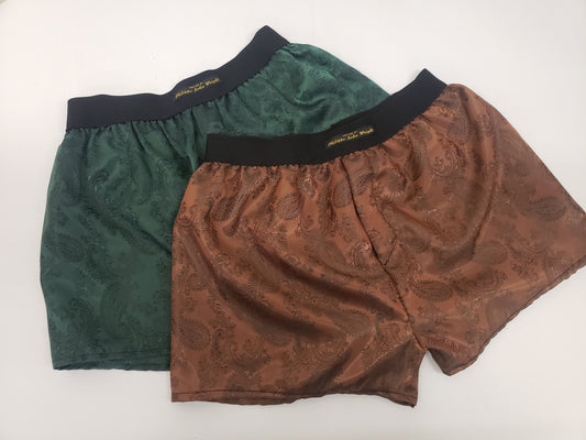 Two silk boxer shorts double bundle paisley motif made in France FOREST GREEN and BROWN