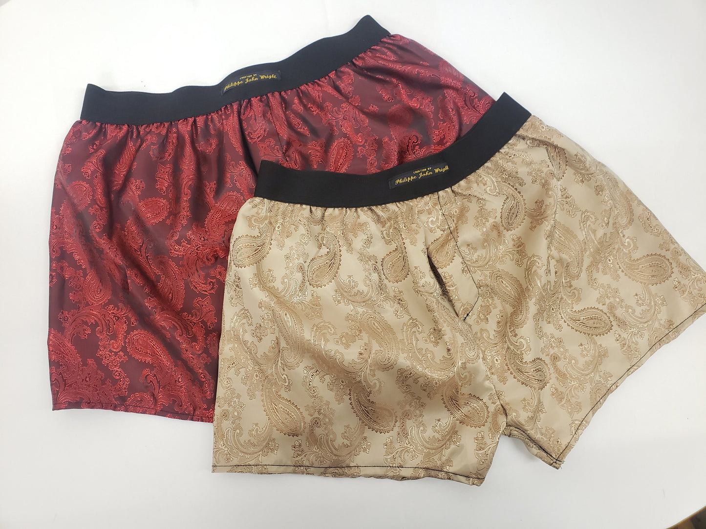 Two silk boxer shorts double bundle paisley motif made in France BURGUNDY RED and BEIGE